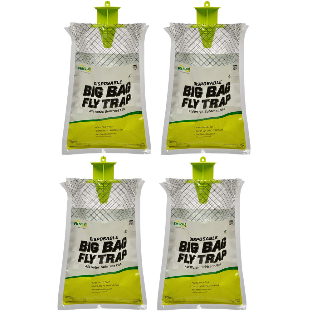 RESCUE! front packaging showing four disposable big bag fly traps and benefits