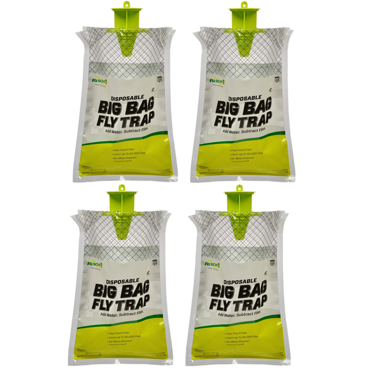 RESCUE! front packaging showing four disposable big bag fly traps and benefits