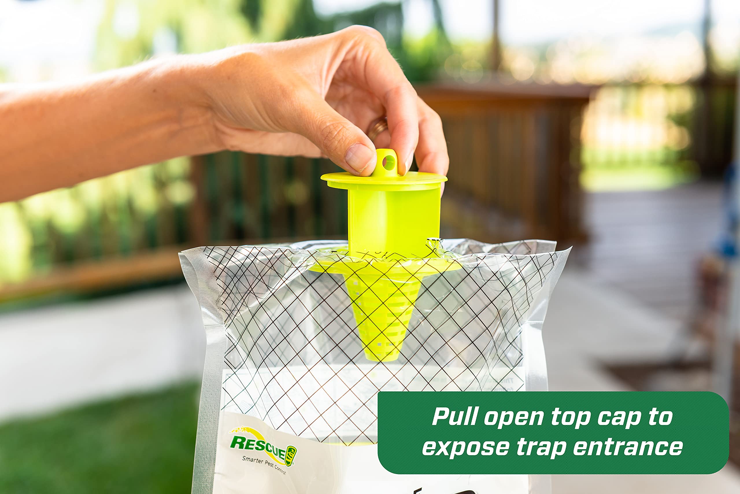 RESCUE! bag hanging in backyard illustrating outdoor placement benefit