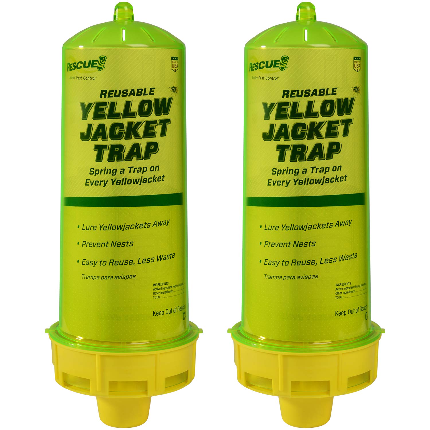 RESCUE! front view of reusable yellowjacket trap showing label and shape, clear identification benefit