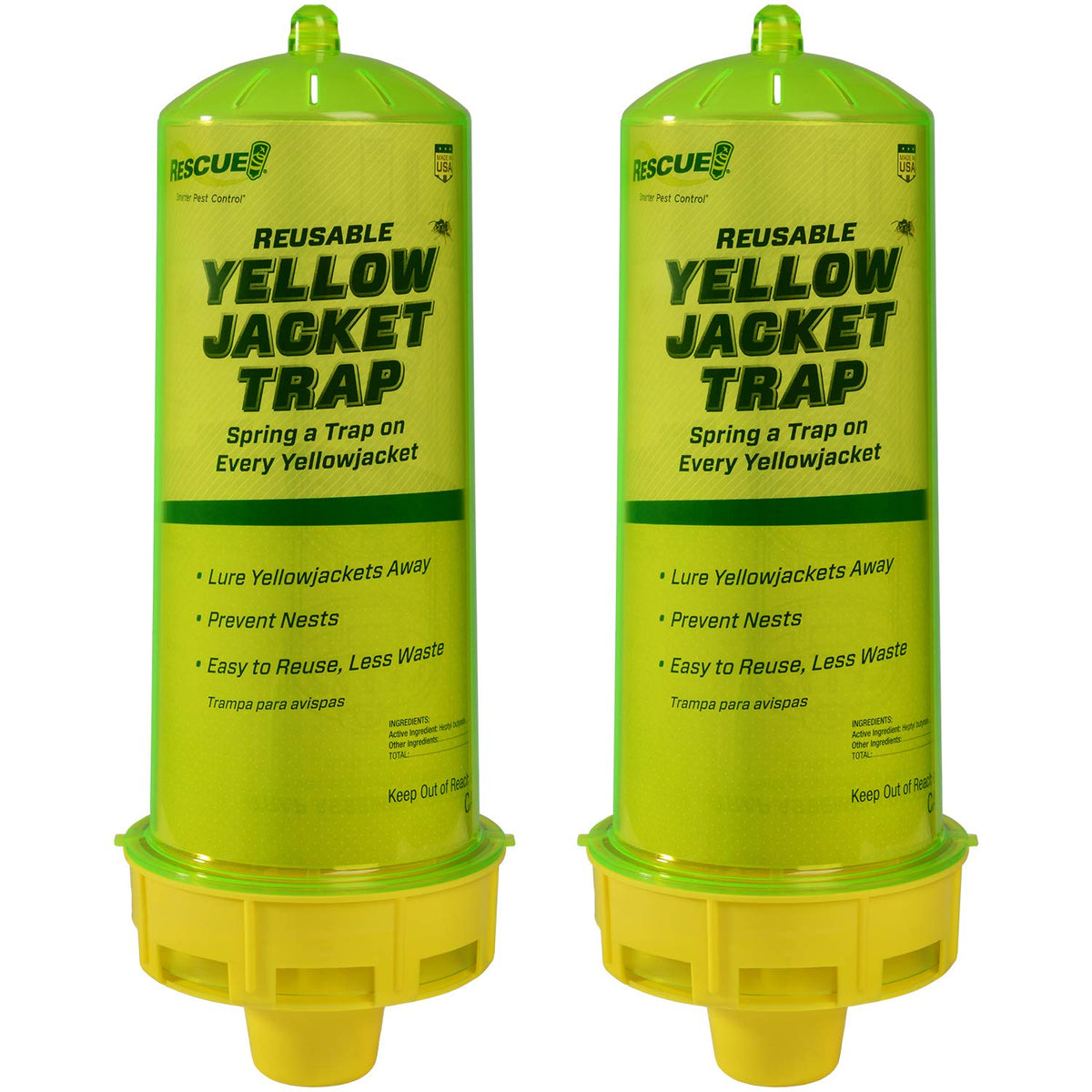 RESCUE! front view of reusable yellowjacket trap showing label and shape, clear identification benefit