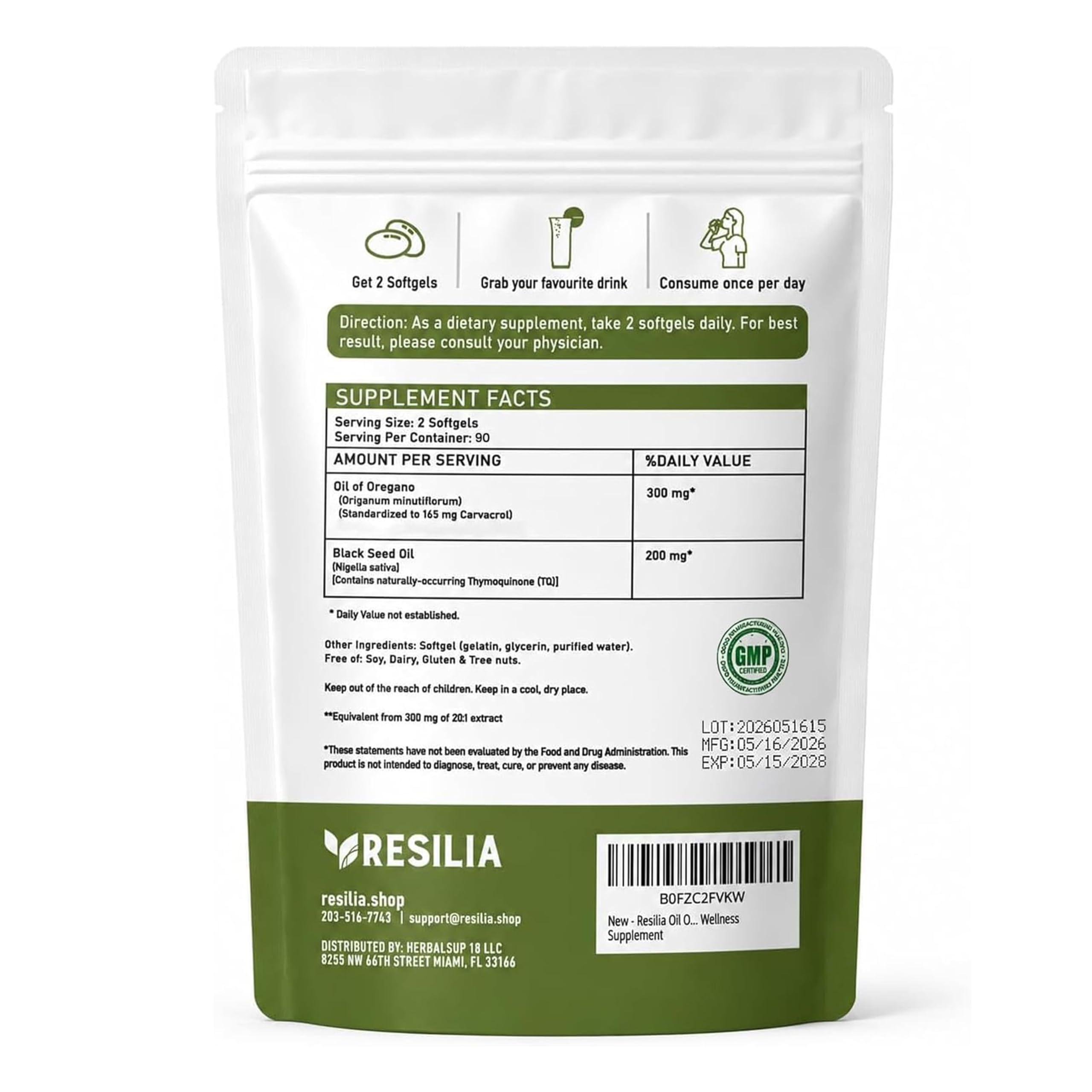 Resilia Oil Of Oregano softgels close-up showing smooth finish and easy swallowing benefit