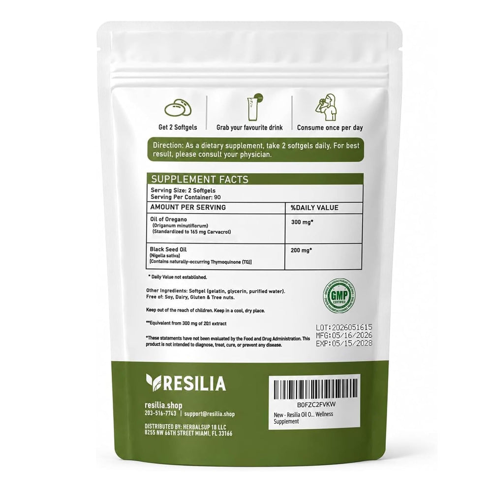 Resilia Oil Of Oregano softgels close-up showing smooth finish and easy swallowing benefit