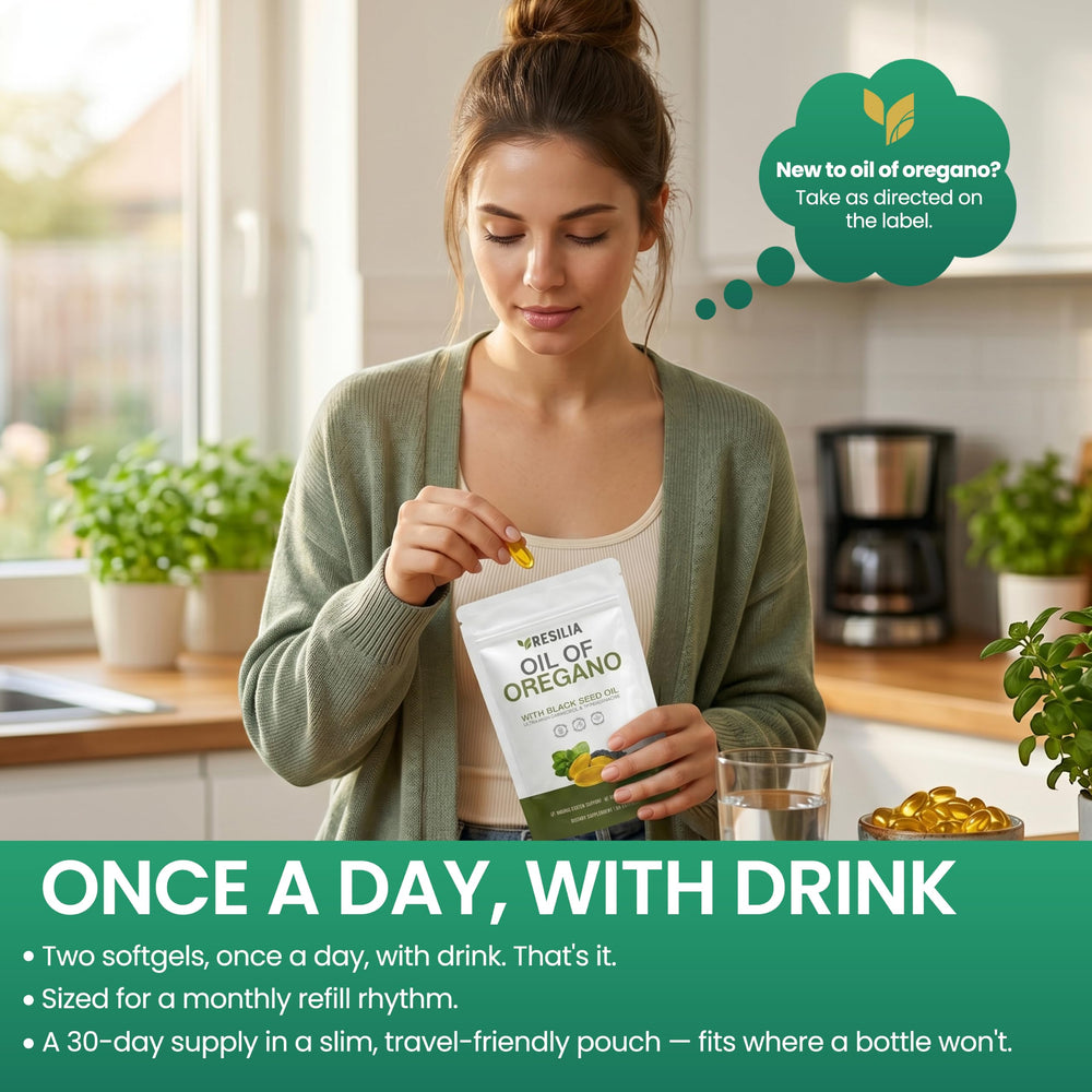 Resilia softgels beside fresh foods suggesting digestive support