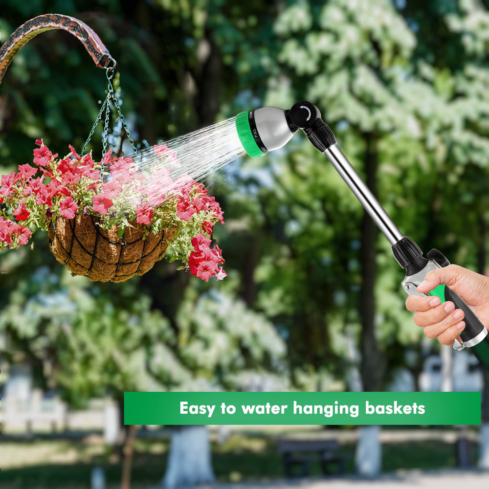 Restmo watering hanging baskets to show gentle shower pattern protecting plants