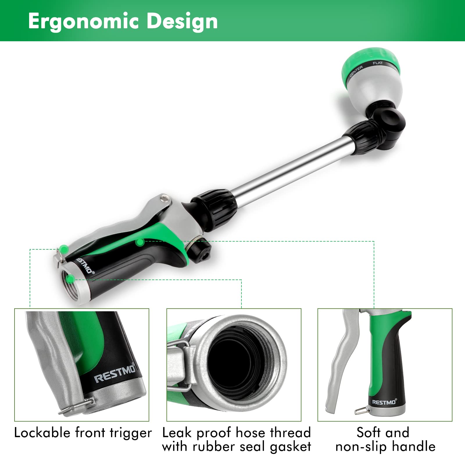 Restmo wand demonstrating seven spray patterns for versatile watering and cleaning