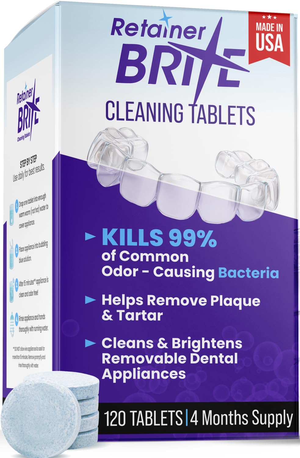 Retainer Brite front packaging showing 120 tablet box and benefits