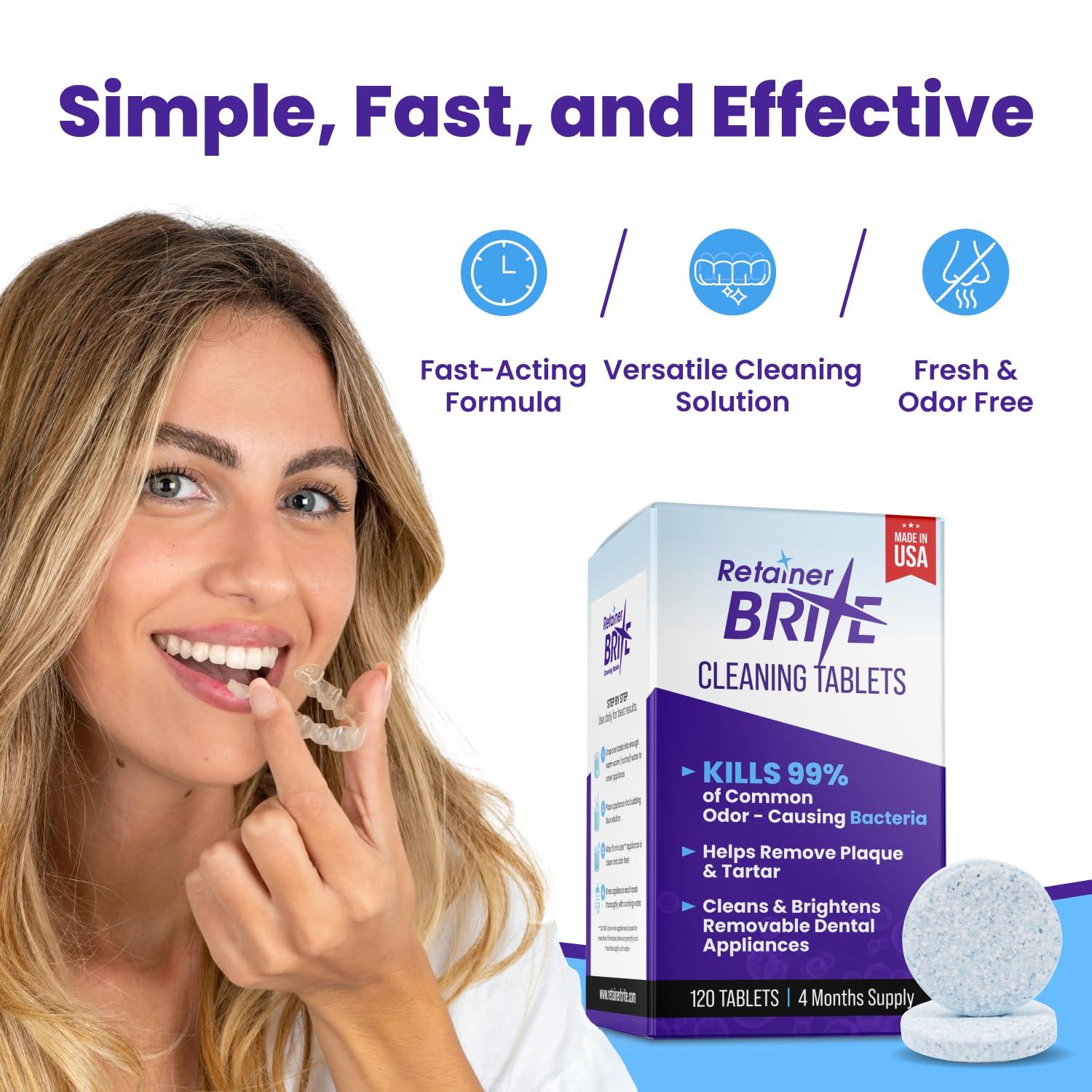 Clear retainer soaking in Retainer Brite solution to remove buildup