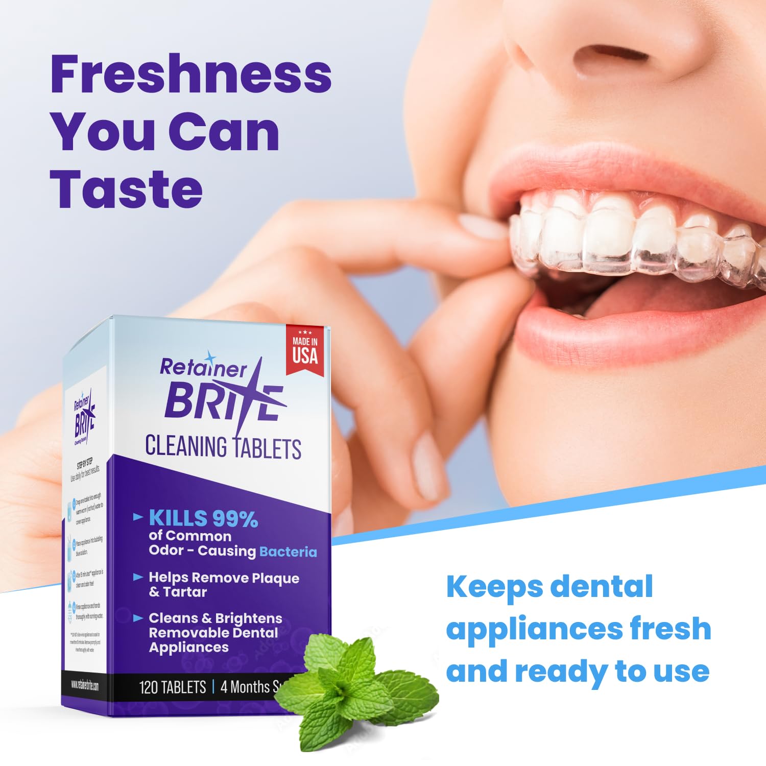 Hand holding Retainer Brite tablet to show size and portability