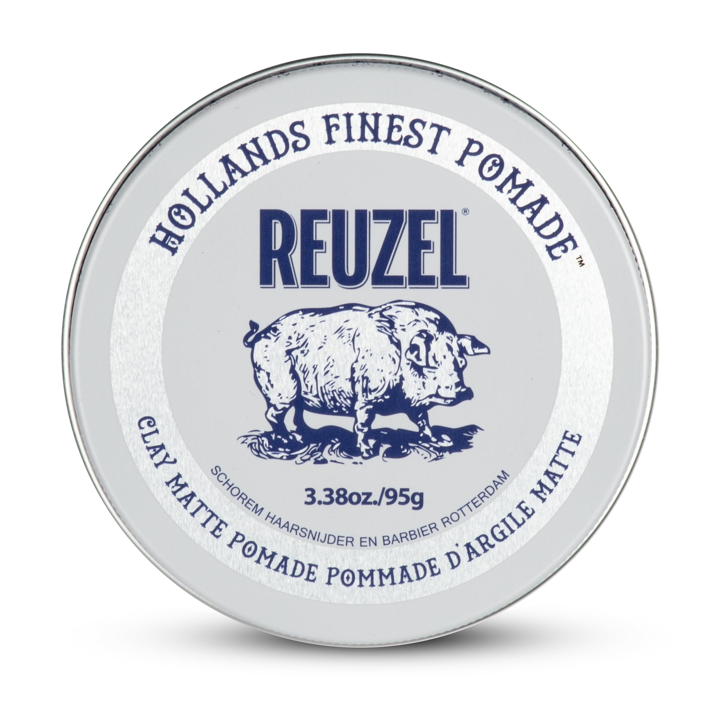 REUZEL front tin view showing branding and matte styling benefits