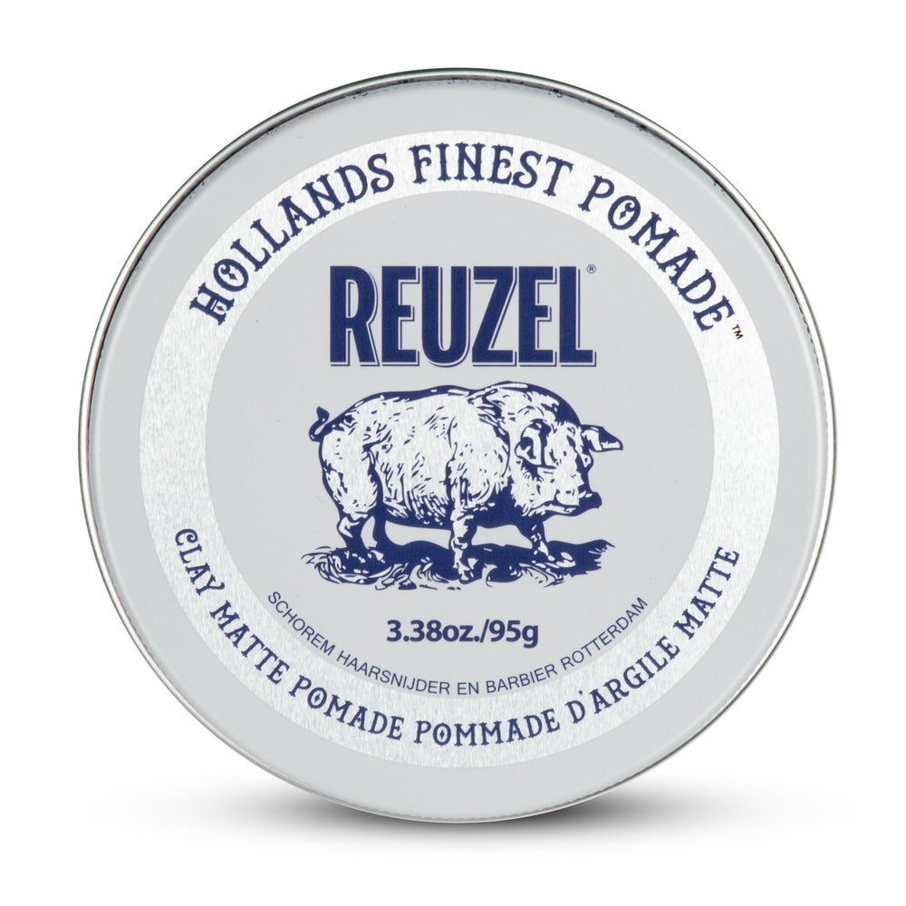 REUZEL front tin view showing branding and matte styling benefits