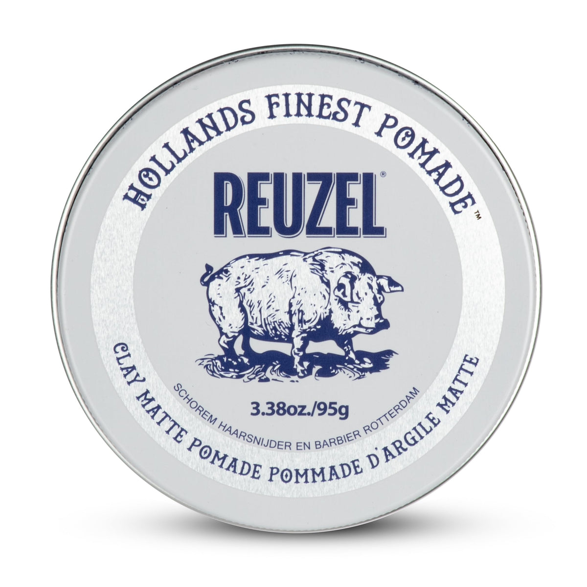 REUZEL front tin view showing branding and matte styling benefits