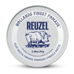 REUZEL front tin view showing branding and matte styling benefits