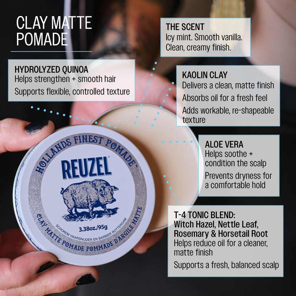 REUZEL jar on barber counter with styled client showing professional results