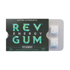 REV front packaging showing 12 packs, clear branding and spearmint promise