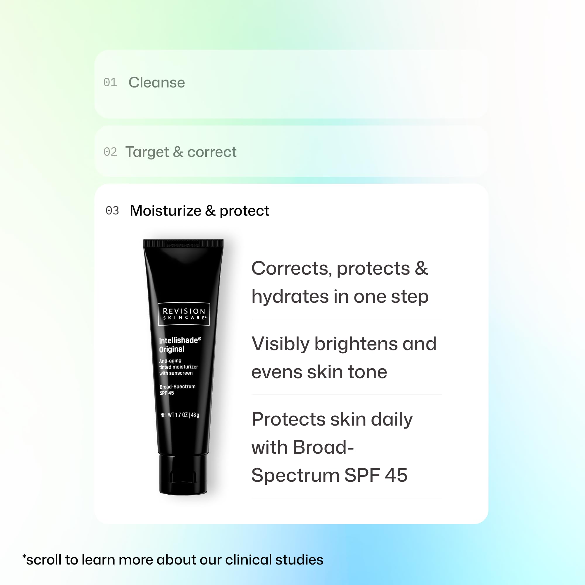 Revision Intellishade sunscreen label close-up highlighting SPF 45 active ingredients for protection