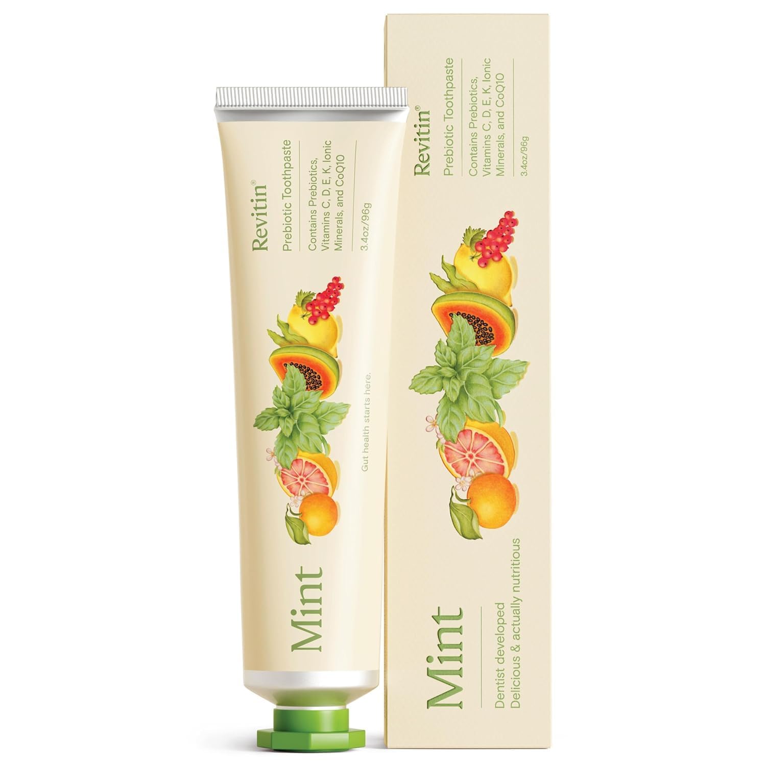 Revitin front packaging showing 3.4 oz tube and mint gel benefit fresh breath