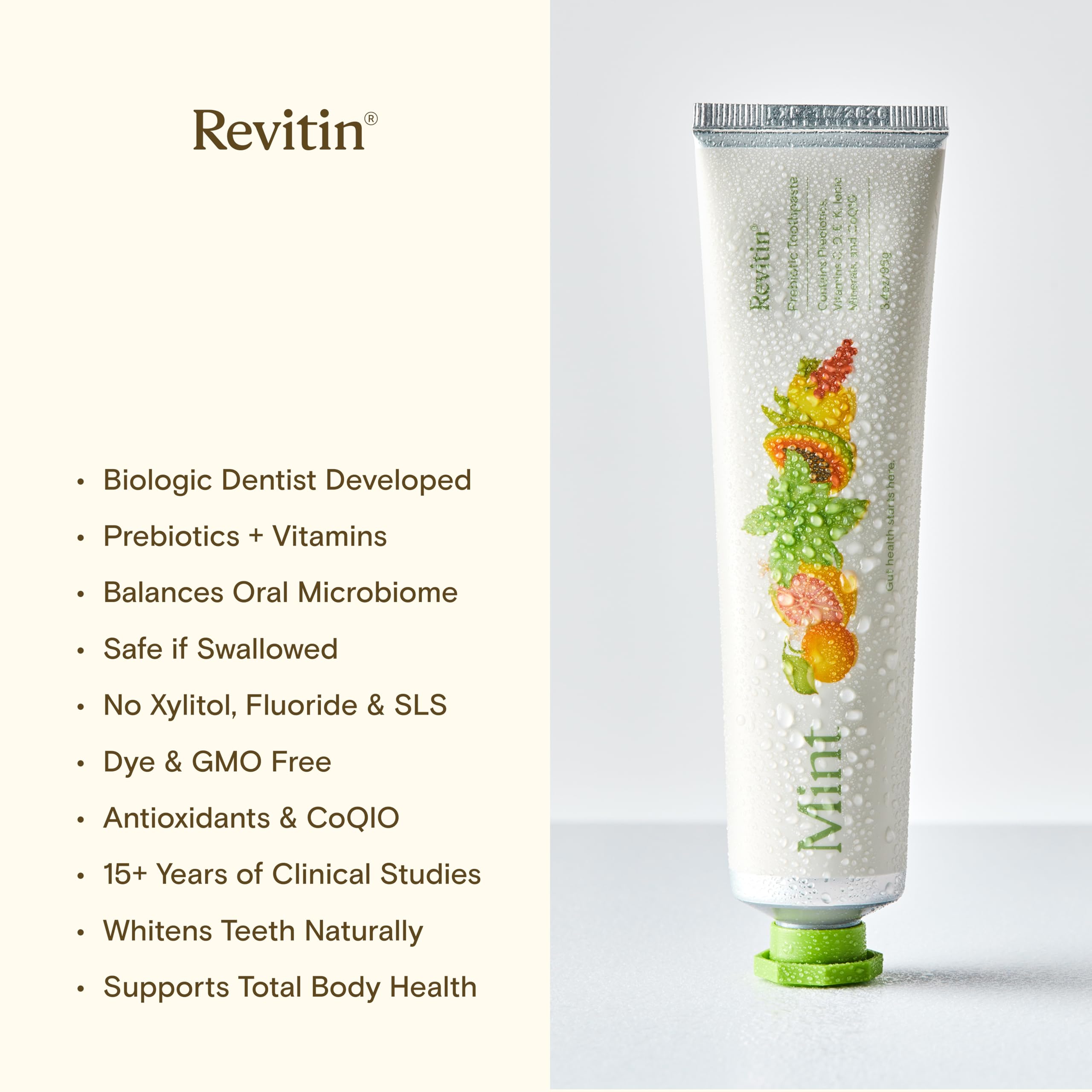 Revitin travel-ready tube capped on counter showing portability benefit