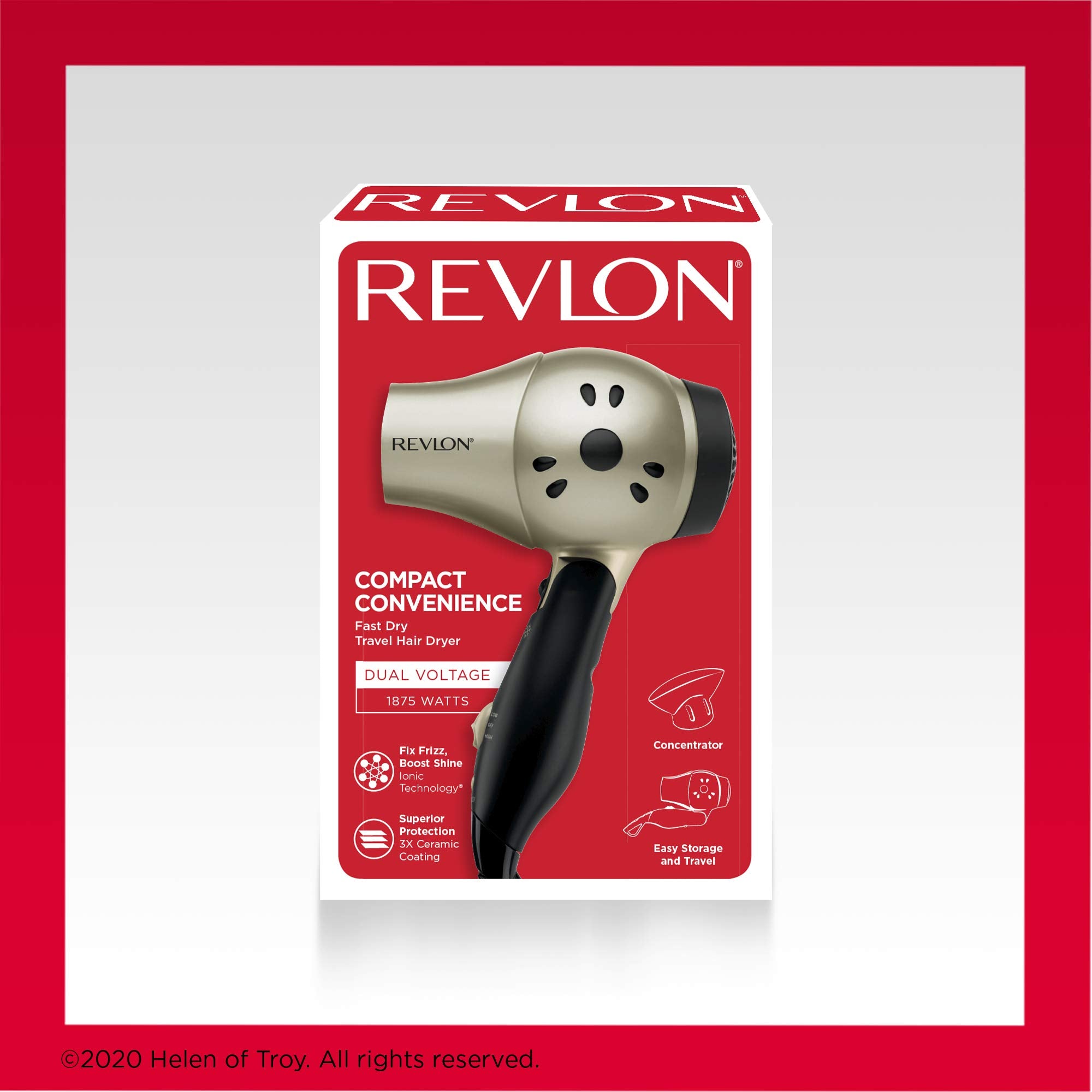 REVLON dual voltage label highlighting international travel readiness
