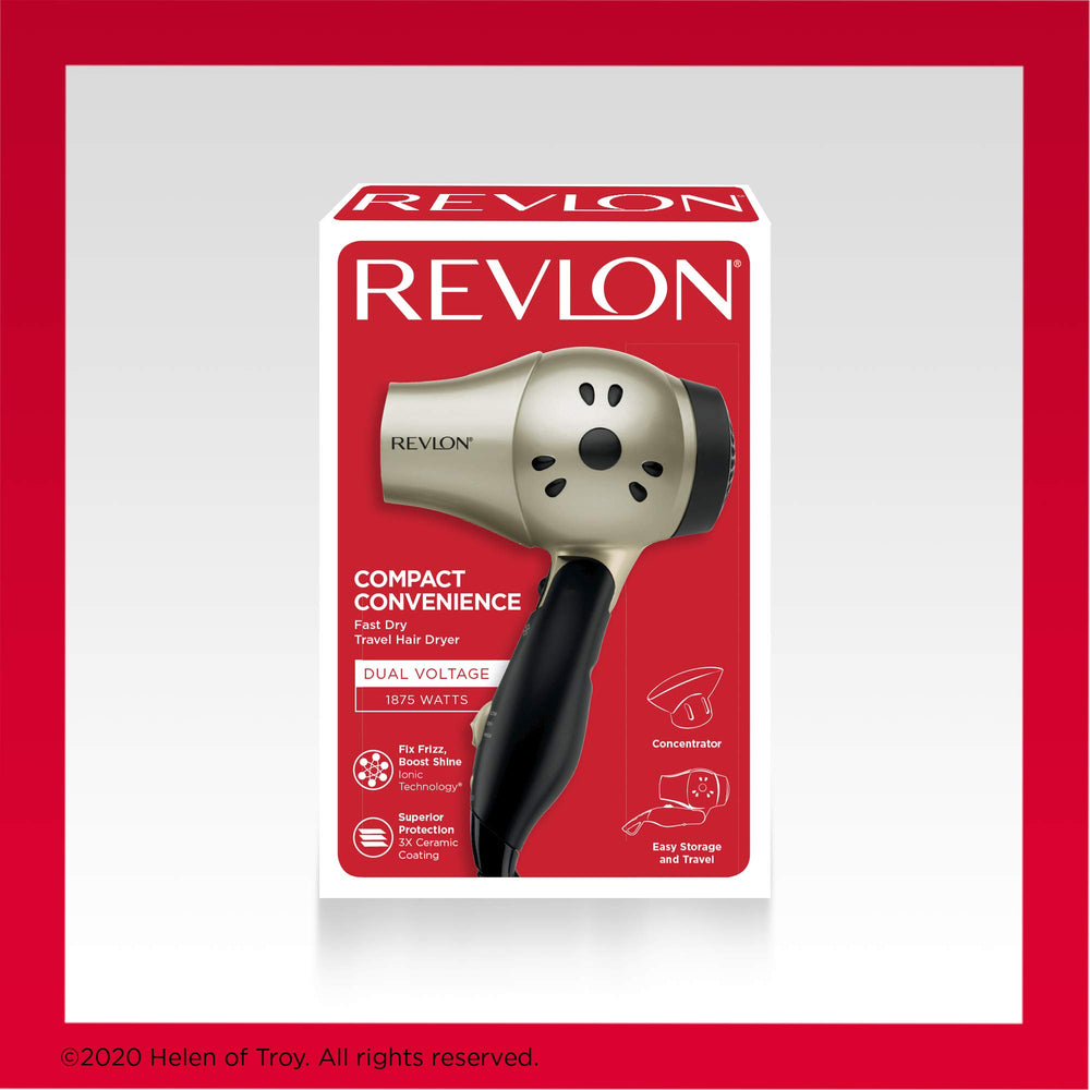 REVLON dual voltage label highlighting international travel readiness