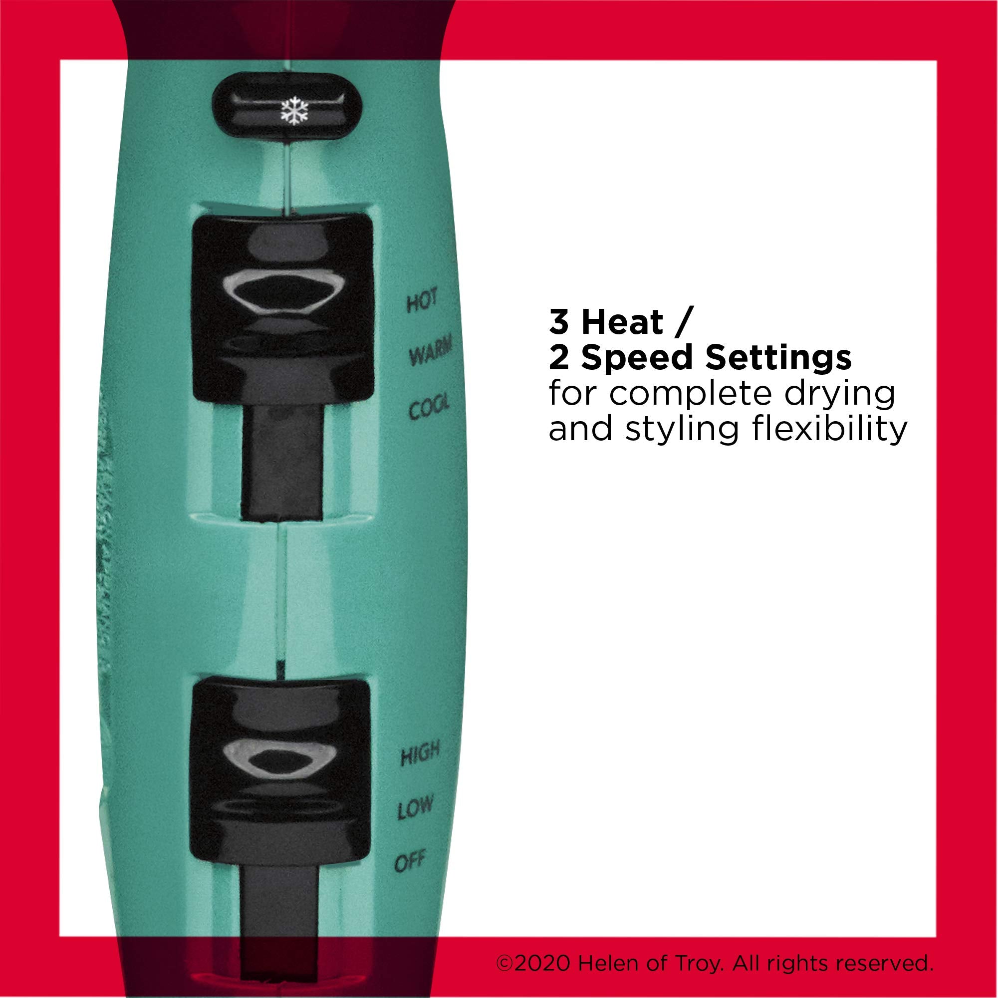 Revlon dryer controls and cord showing heat speed settings and Cool Shot for styling control