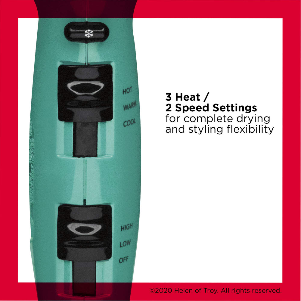 Revlon dryer controls and cord showing heat speed settings and Cool Shot for styling control