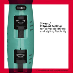 Revlon dryer controls and cord showing heat speed settings and Cool Shot for styling control