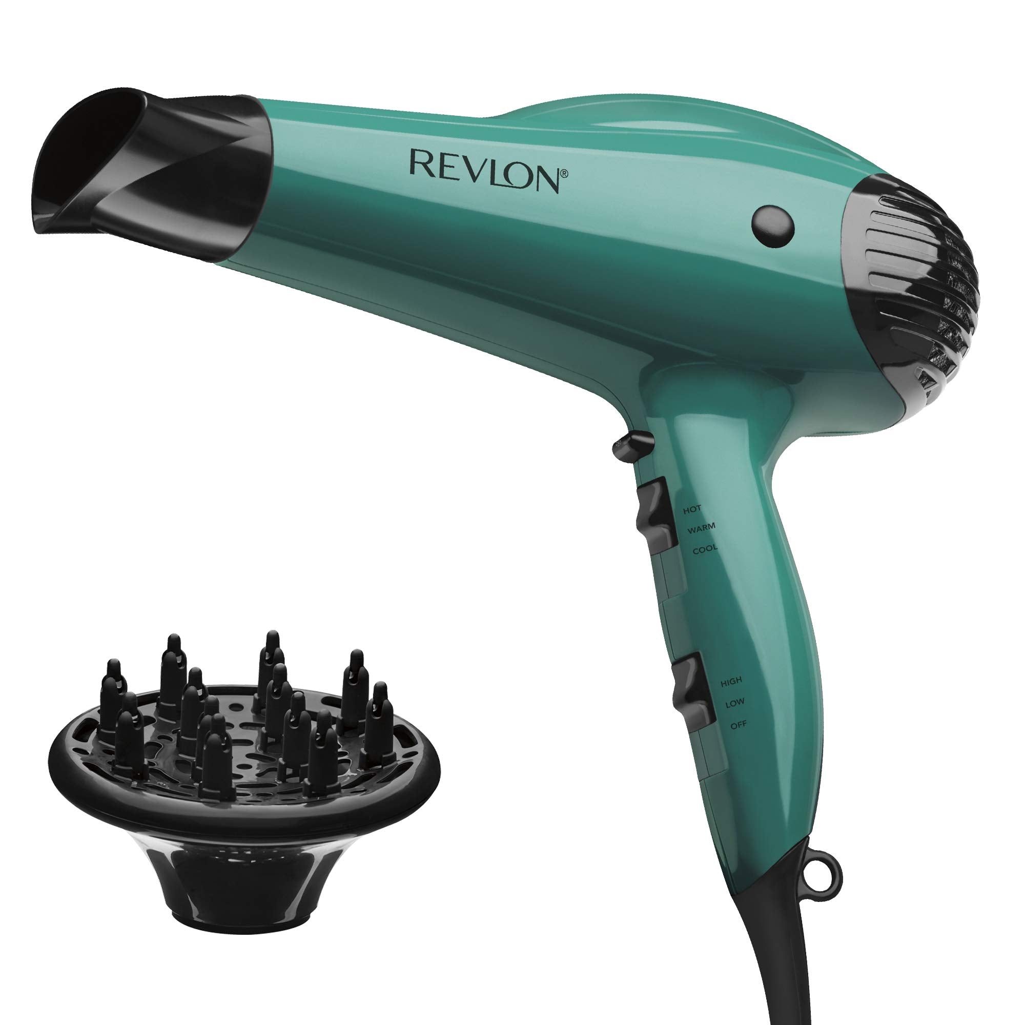 Revlon front view of volume booster dryer showing green finish and compact design for easy storage