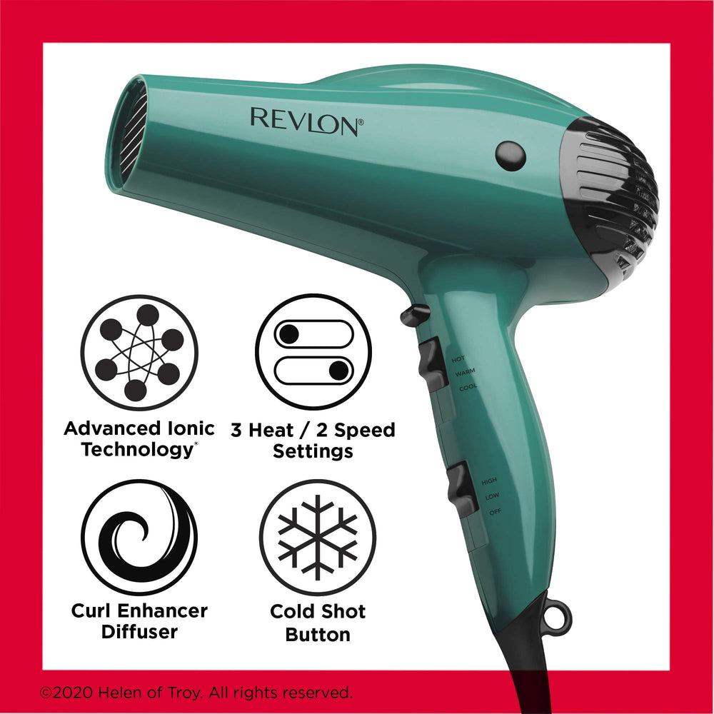 Revlon dryer held in hand showing size and 1875W power for efficient at-home drying