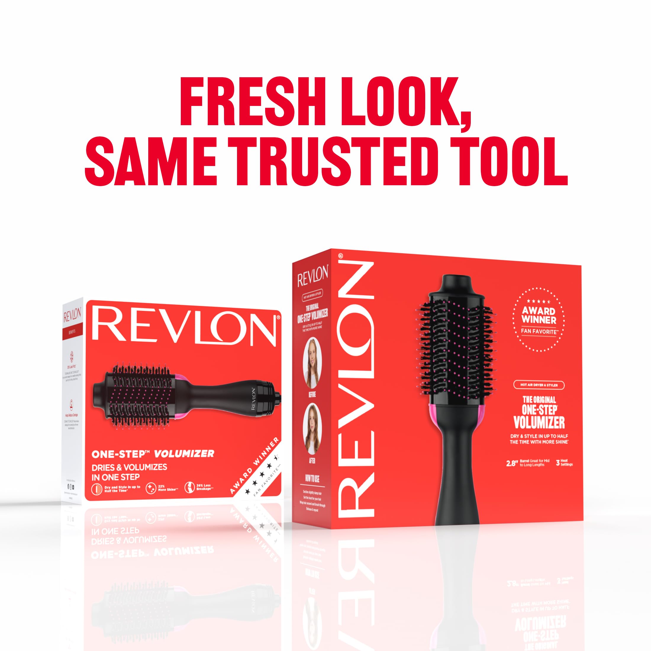 REVLON retail packaging box front showing product information and easy unboxing benefits