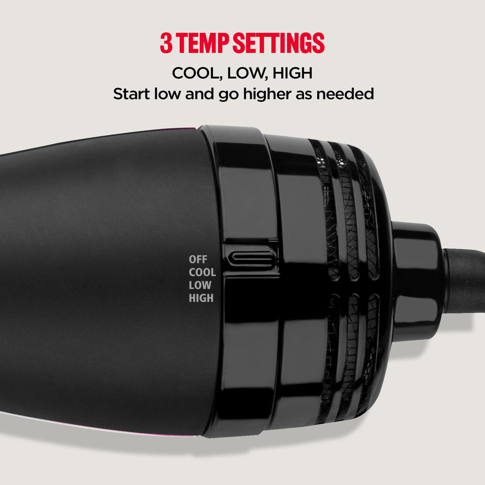 REVLON three-setting control panel closeup showing Cool, Low, High for tailored results