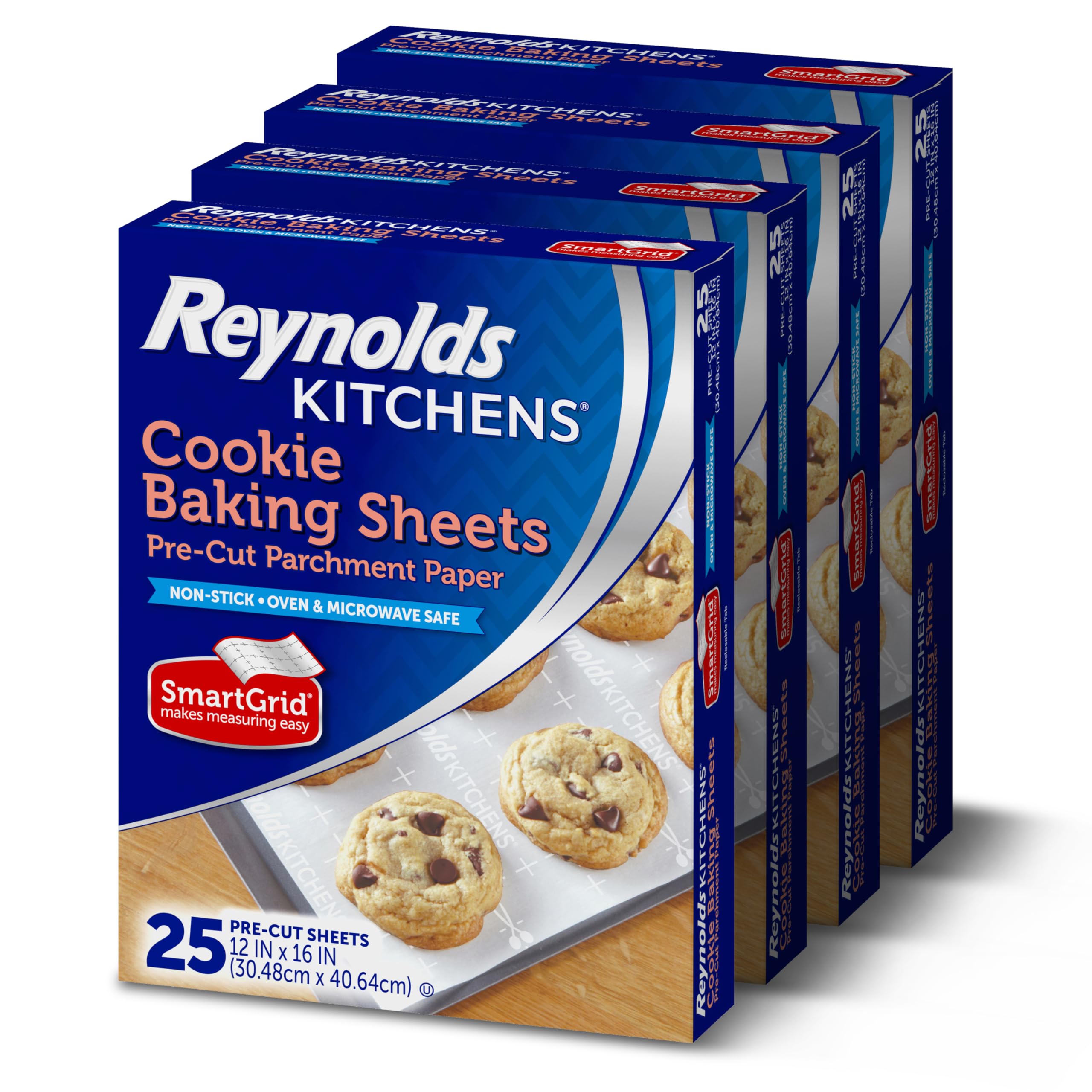 Reynolds front packaging showing four 25-count packs for extended baking convenience