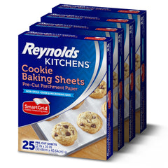 Reynolds front packaging showing four 25-count packs for extended baking convenience