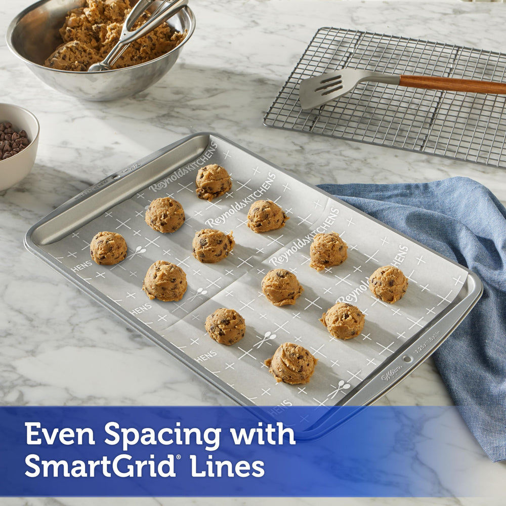 Reynolds pre-cut sheet placed on a cookie sheet for instant, no-cut setup benefit