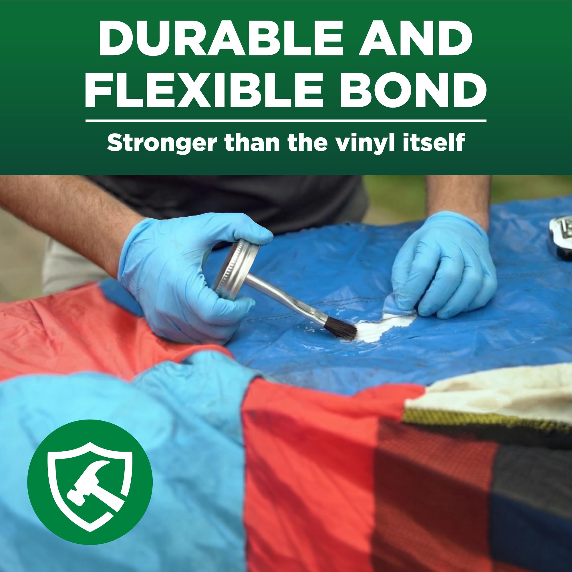 RH Adhesives HH-66 patching a pool liner showing waterproof bond advantage
