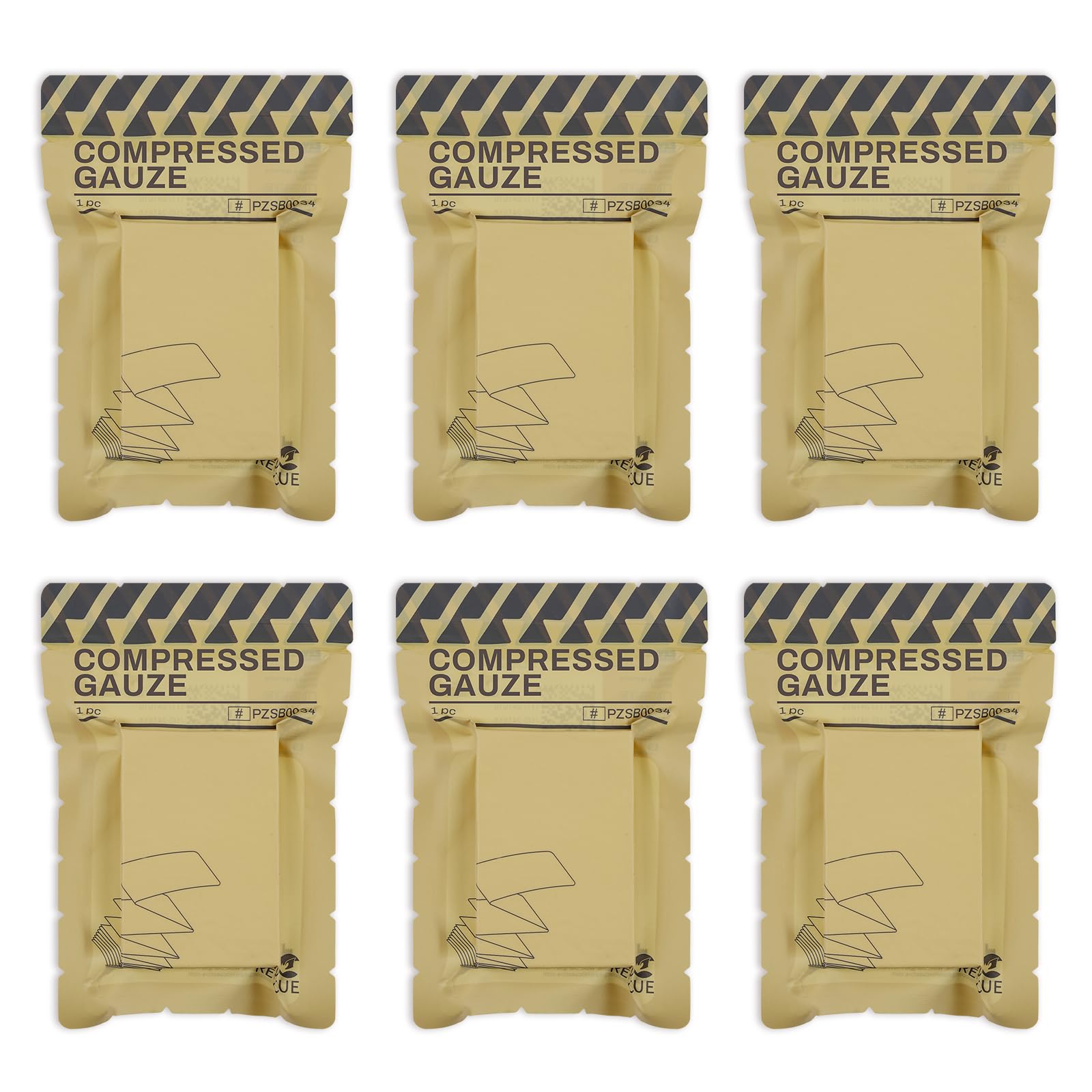 RHINO RESCUE front packaging showing six vacuum-sealed sterile gauze packs and clear labeling, ready for storage