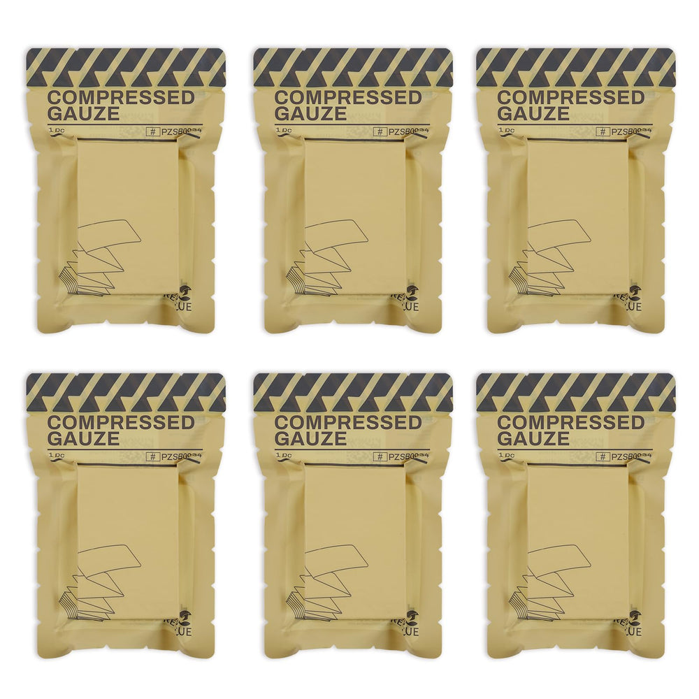 RHINO RESCUE front packaging showing six vacuum-sealed sterile gauze packs and clear labeling, ready for storage