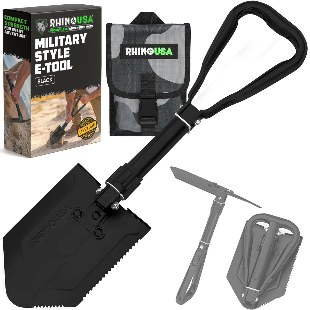 Rhino USA front view of folding shovel showing compact, versatile tool benefit
