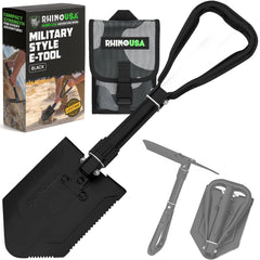 Rhino USA front view of folding shovel showing compact, versatile tool benefit