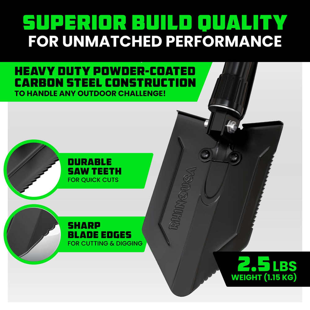 Rhino USA folded shovel inside heavy-duty case for easy transport benefit