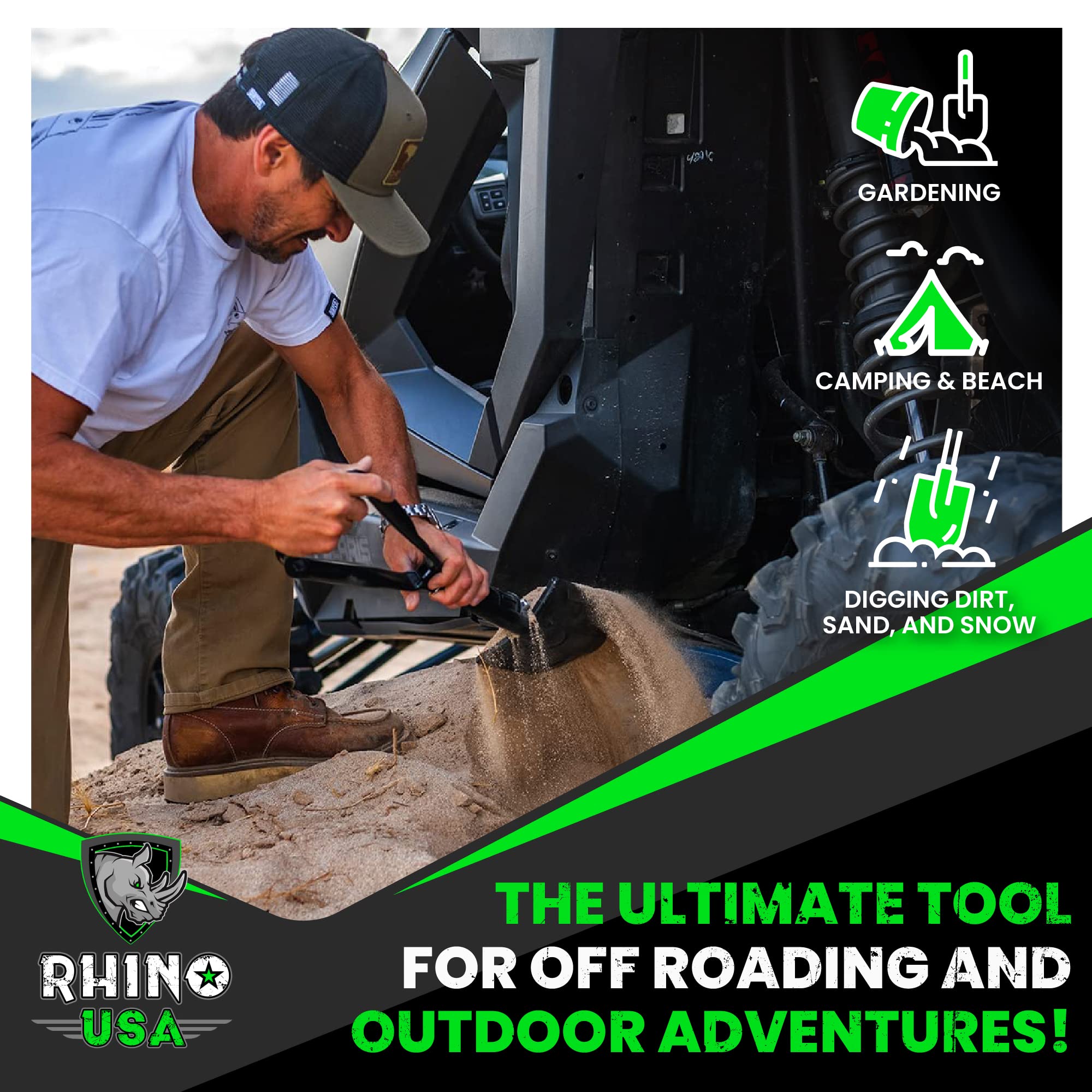 Rhino USA shovel staged with camping gear showing convenient kit integration benefit