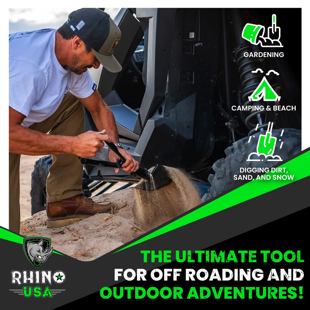 Rhino USA shovel staged with camping gear showing convenient kit integration benefit