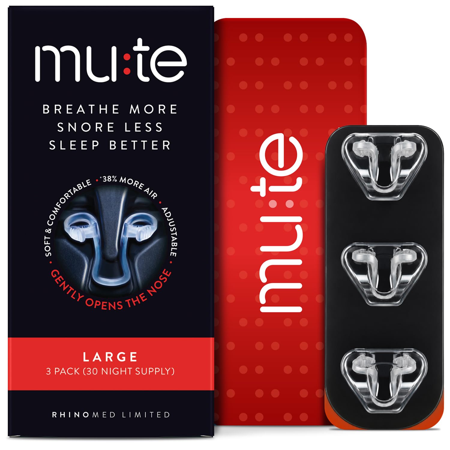 Rhinomed Mute front packaging showing discreet large nasal dilators and benefits