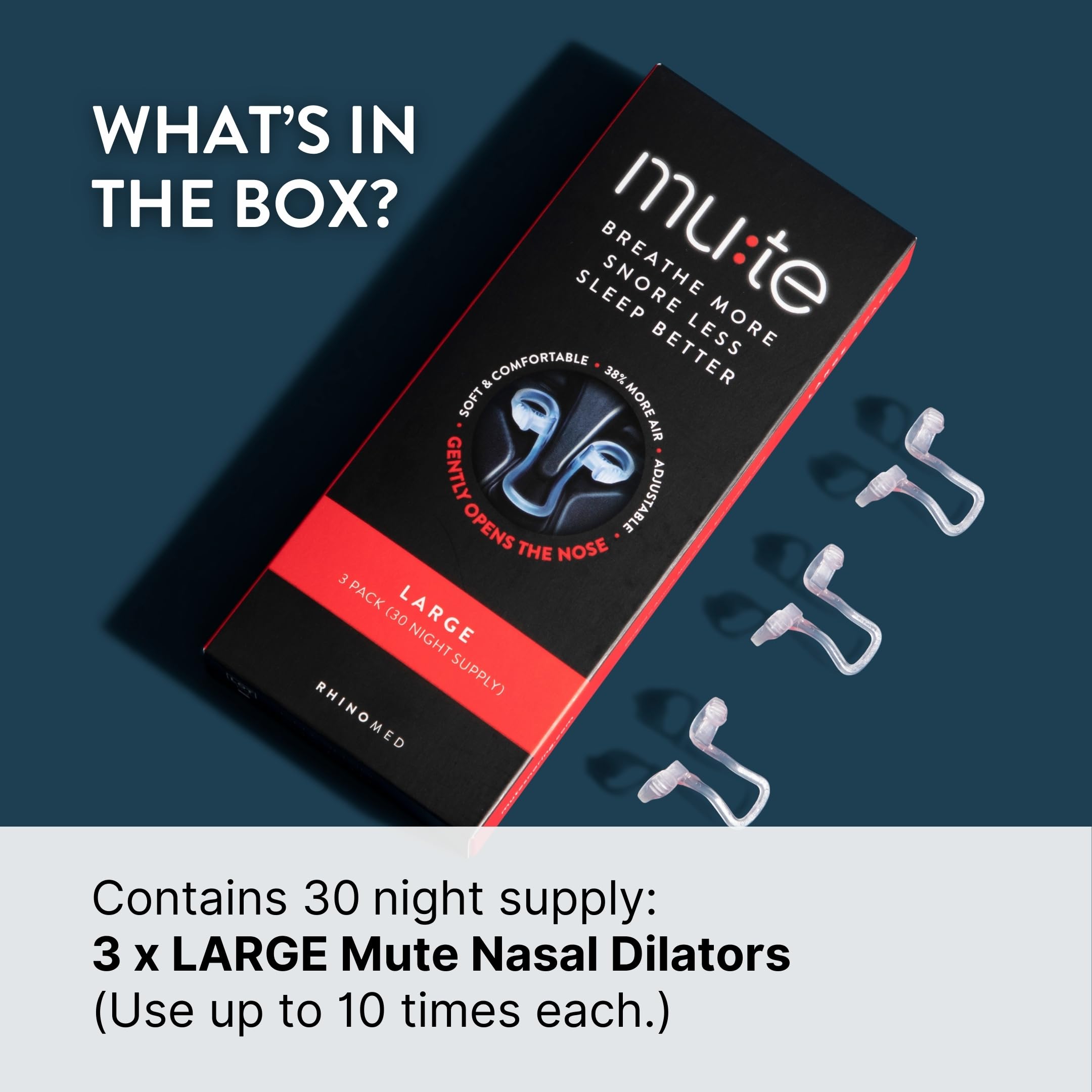 Rhinomed Mute three-pack contents displayed for convenience and spare use