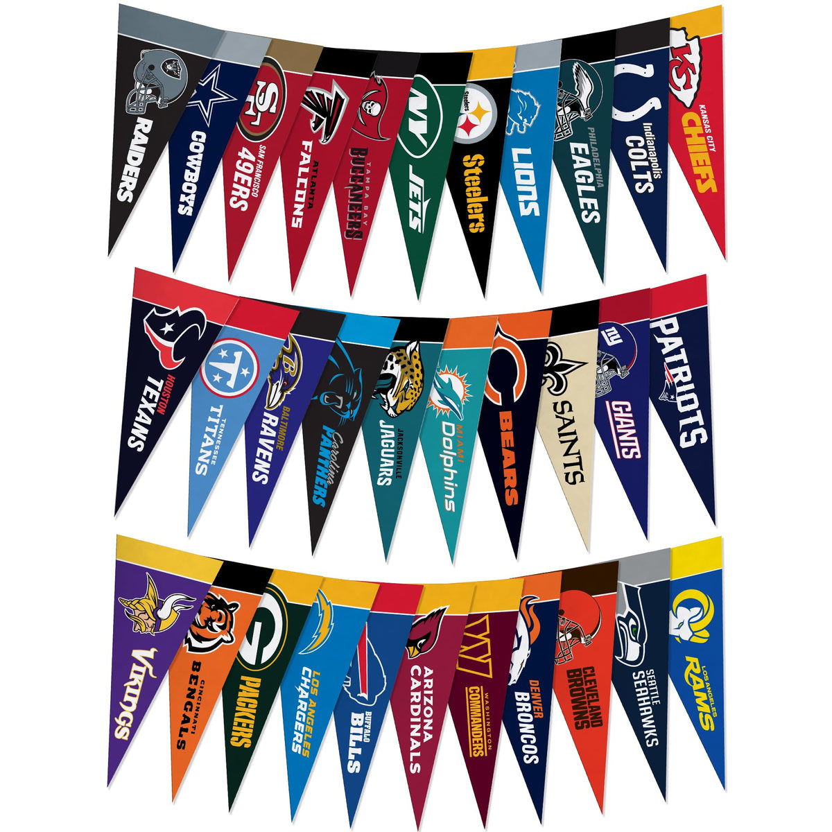 Rico Industries front view of complete NFL mini pennant set, shows all teams