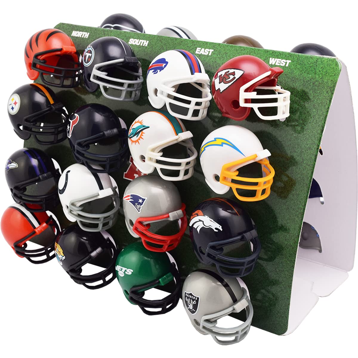 Riddell front view of full 32-piece helmet display board showing team lineup and neat presentation