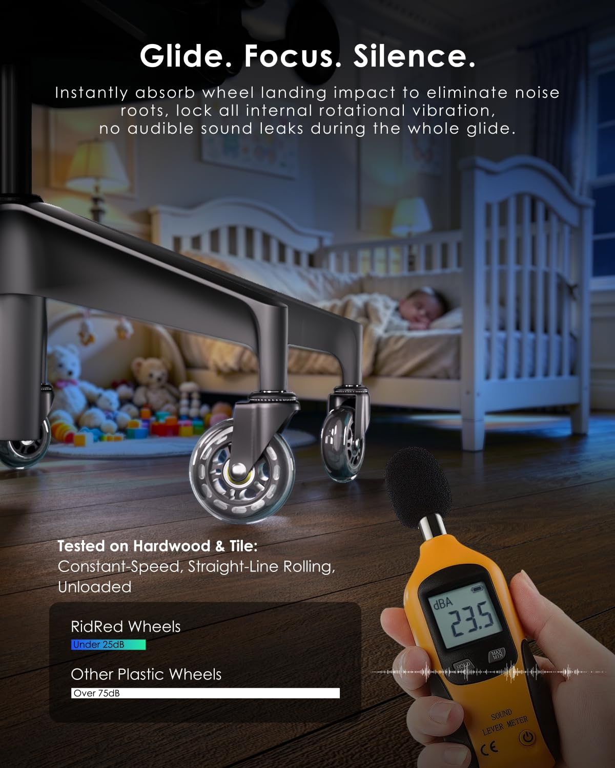 RidRed caster rolling on hardwood floor showing non-marking protection benefit