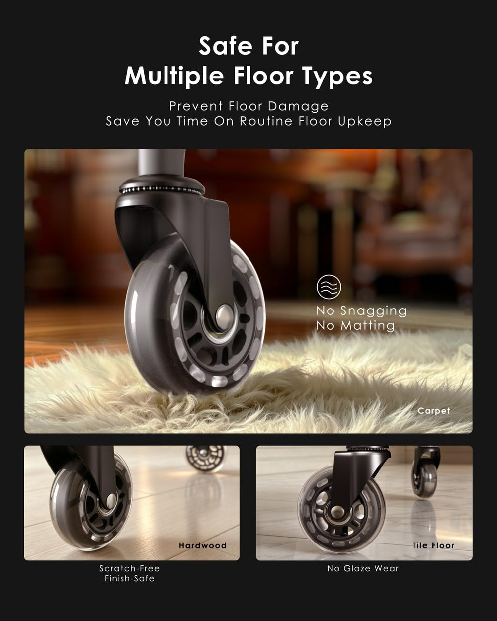 RidRed casters installed on an office chair demonstrating quiet, smooth mobility