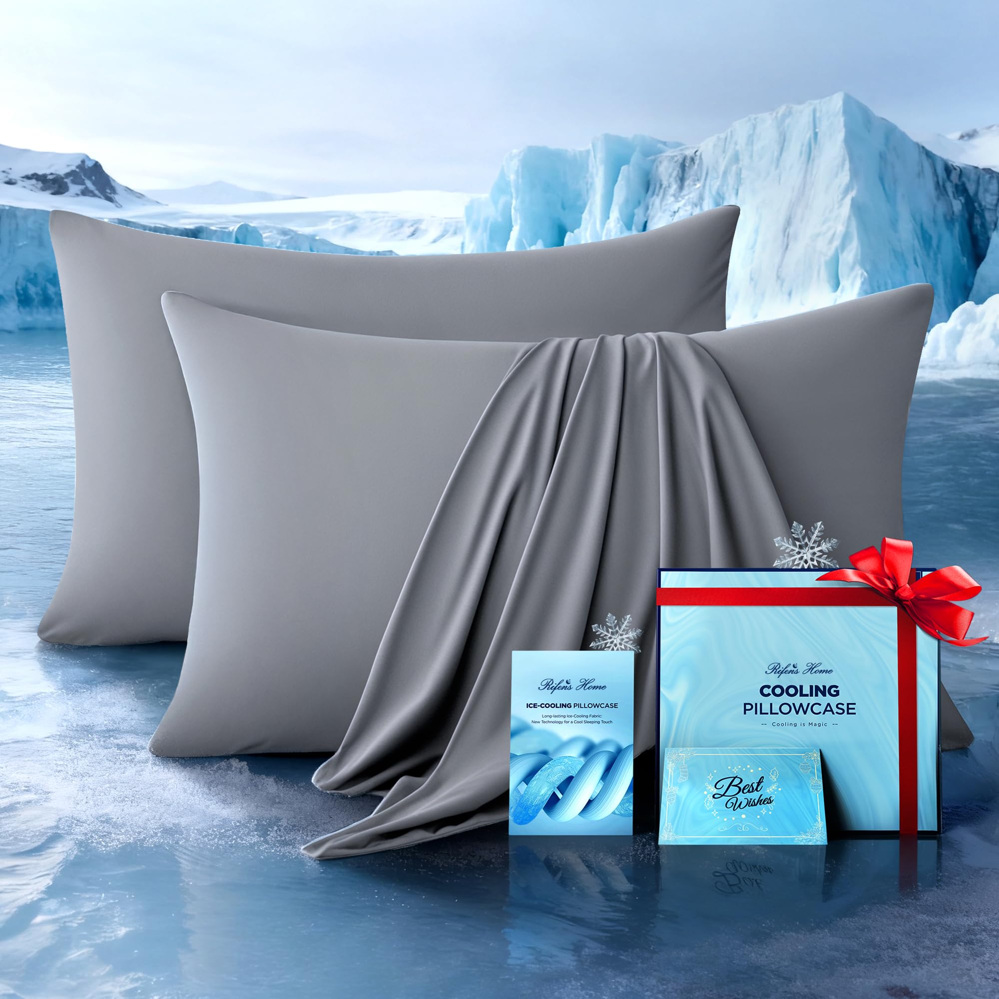 Rifens Home front packaging showing light gray pillowcases and benefits