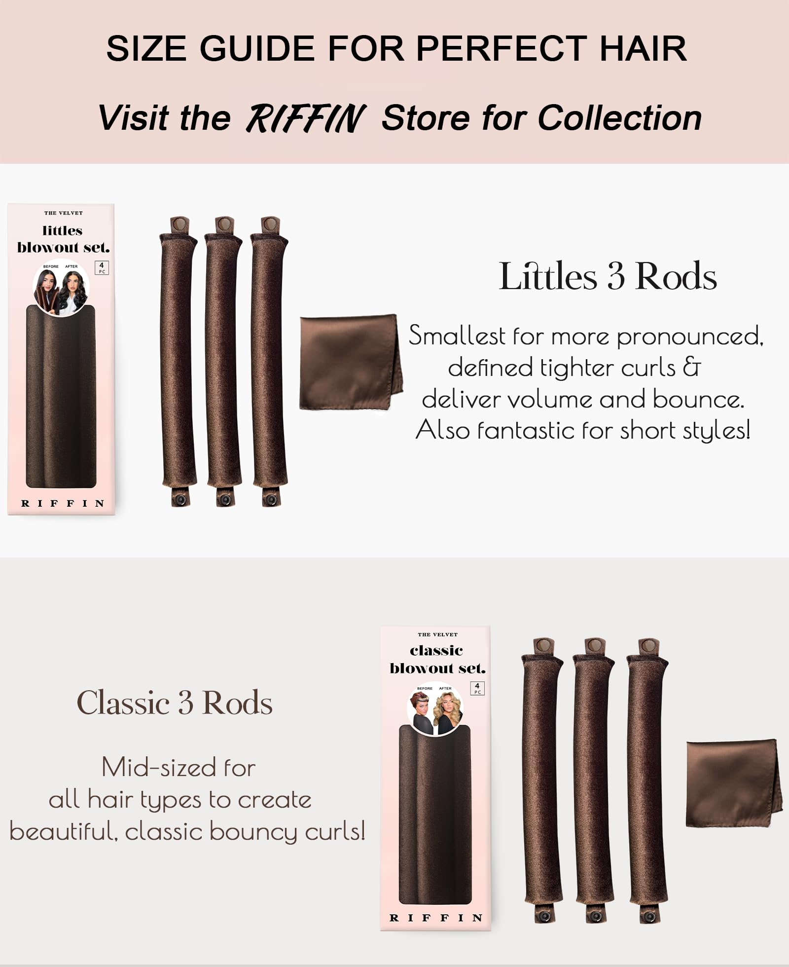 RIFFIN three-rod set arranged to show included styling pieces